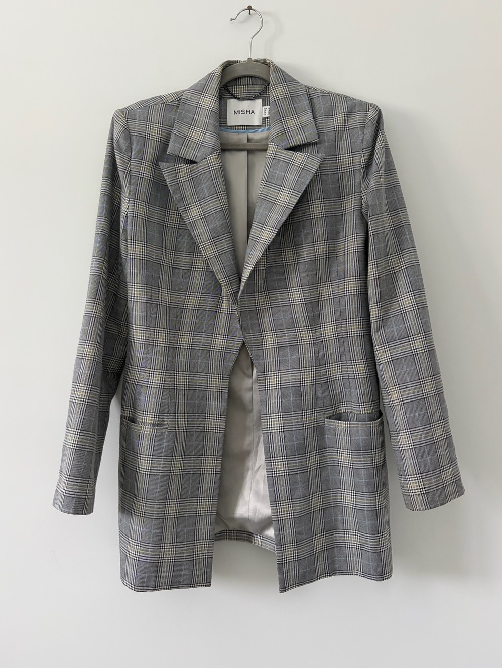 MISHA Grey Black Plaid Classic Tailored Open Long Blazer Jacket 8
